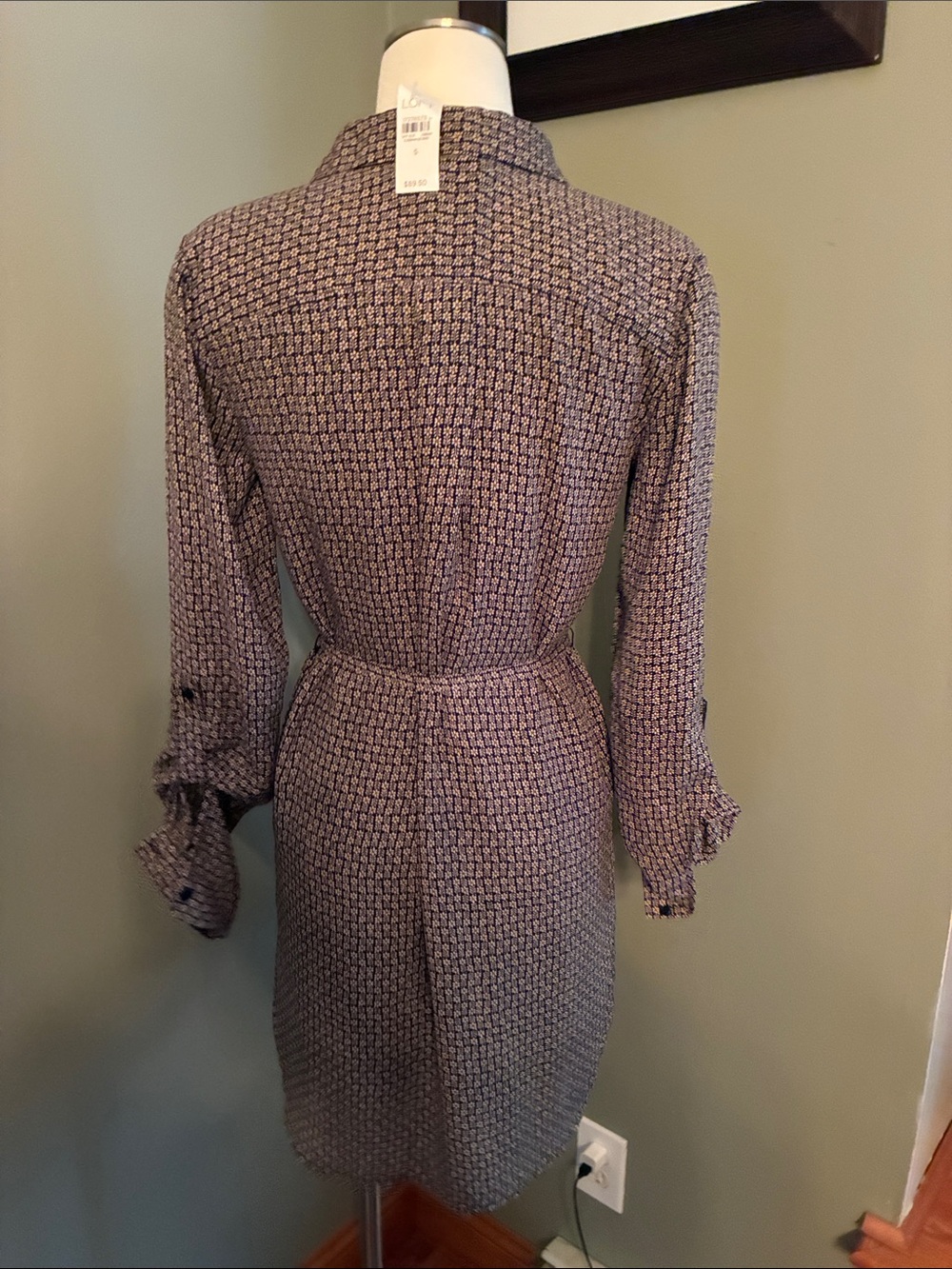 Patterned Long-Sleeve Shirt Dress with Self-Tie Waist — Black and Tan - Picture 3 of 4